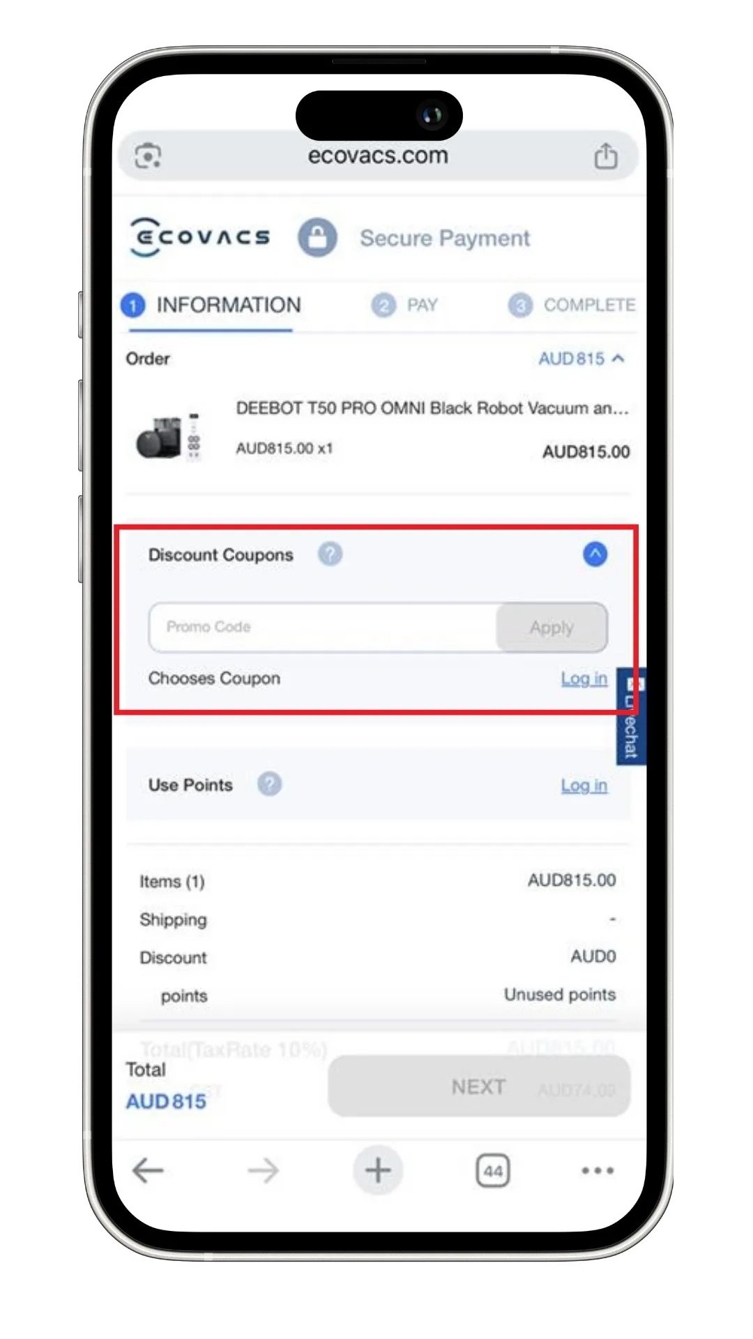 The ECOVACS discount code field as viewed on our mobile device at the checkout.
