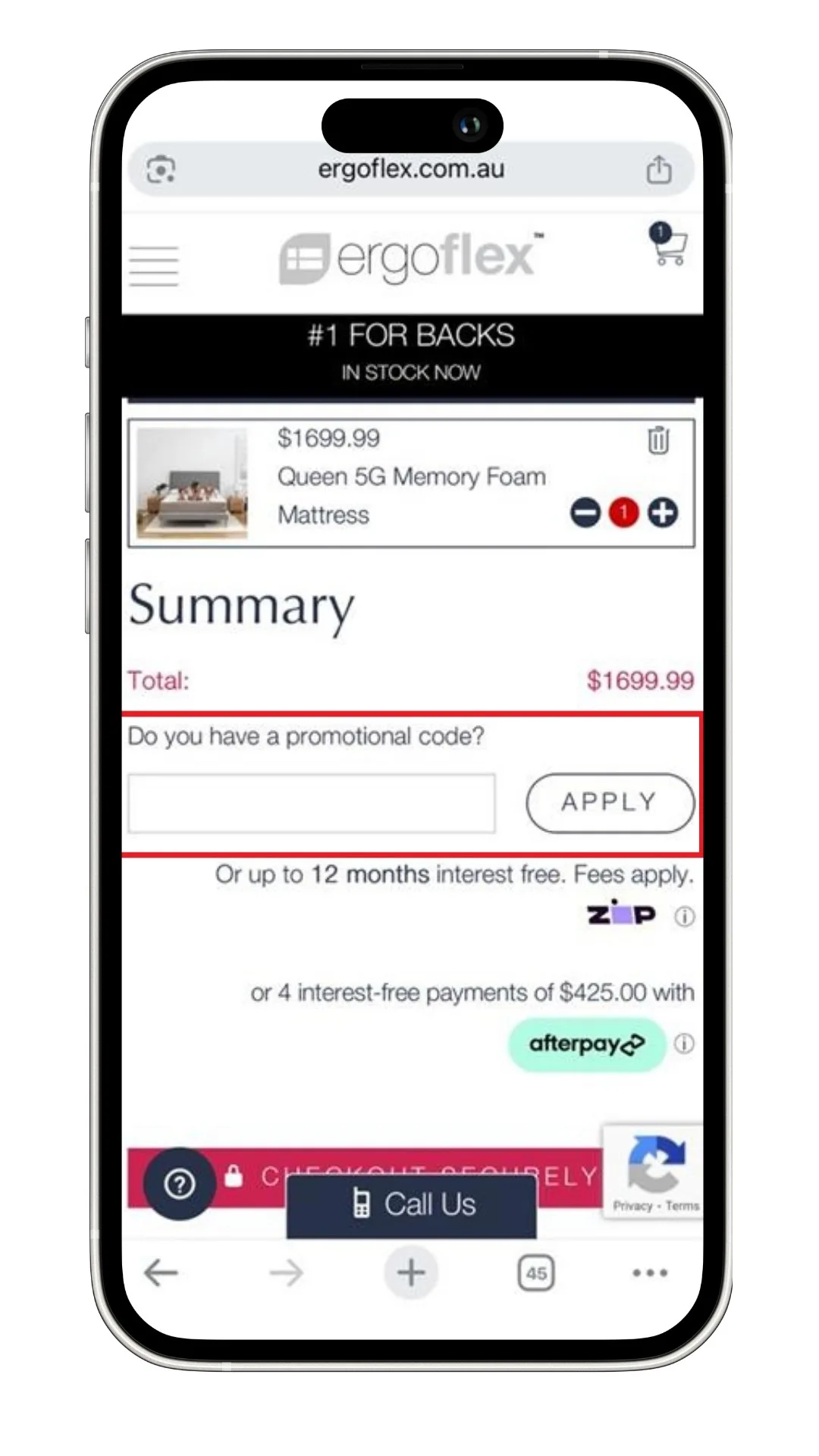 A screenshot of where to add your Ergoflex promo code at checkout.