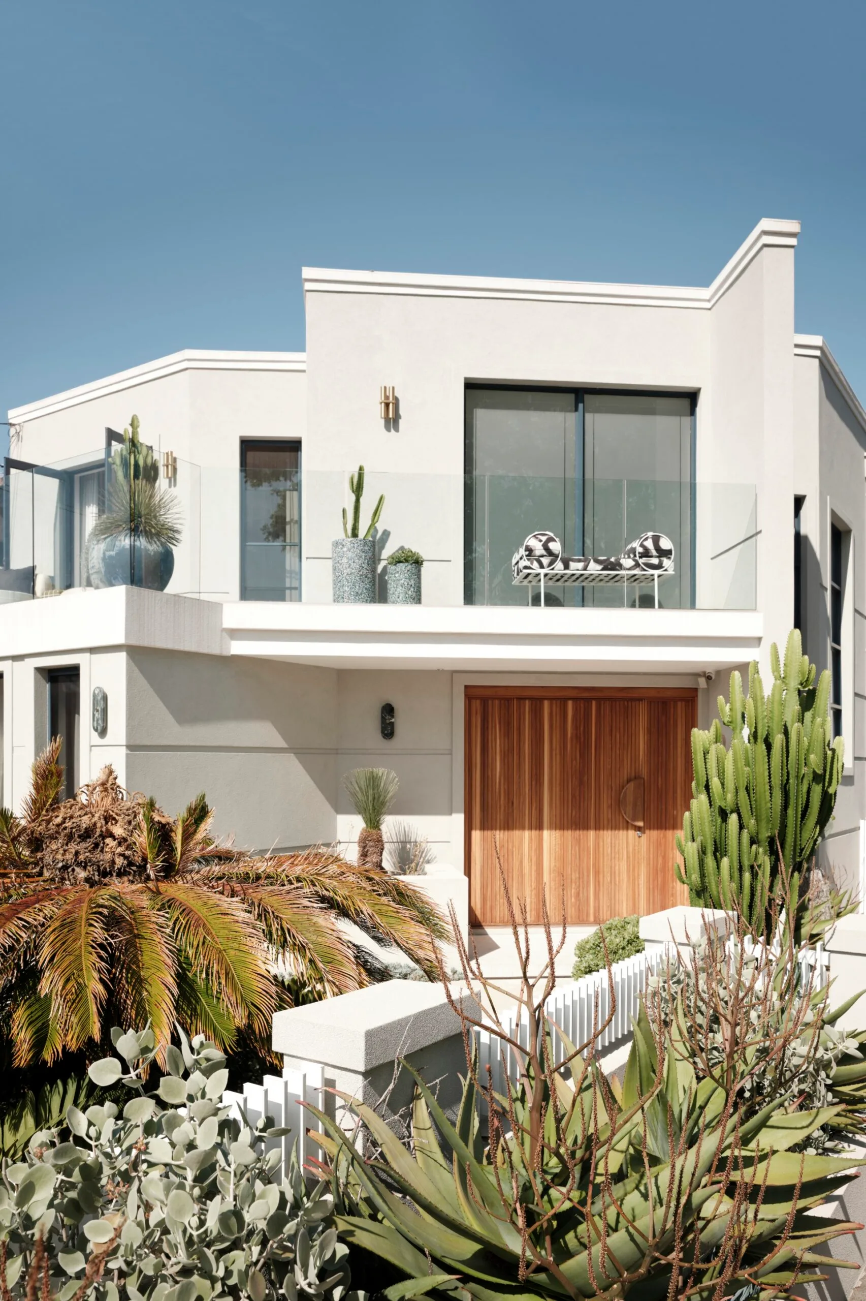 Modern house facade with large windows, wooden door, and lush greenery, including cacti and tropical plants.