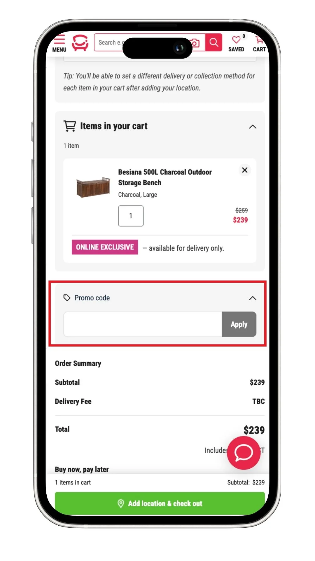 A screenshot of where to apply a Fantastic Furniture discount code at checkout.