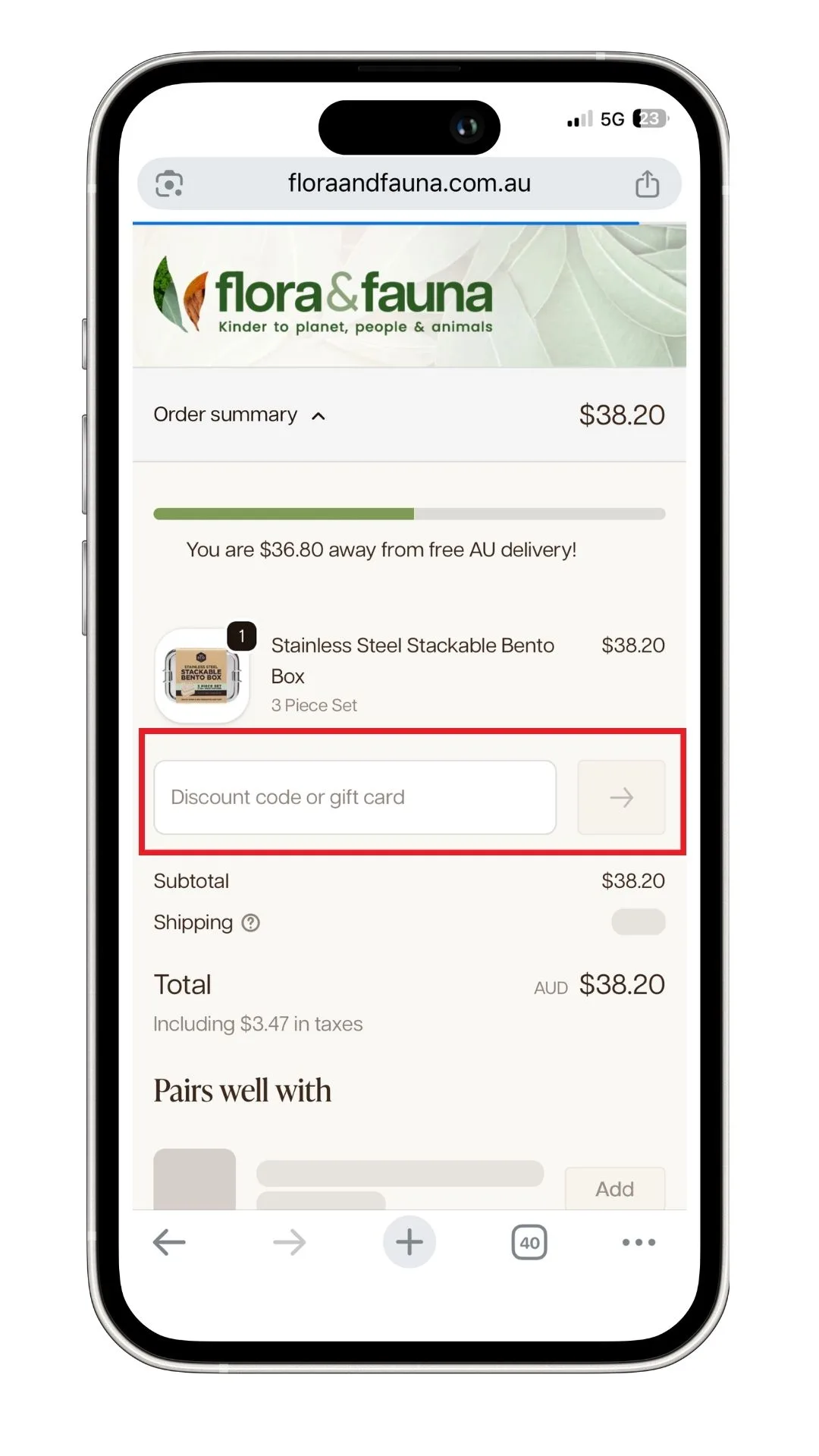A screenshot of where to add a Flora & Fauna discount code at checkout. 