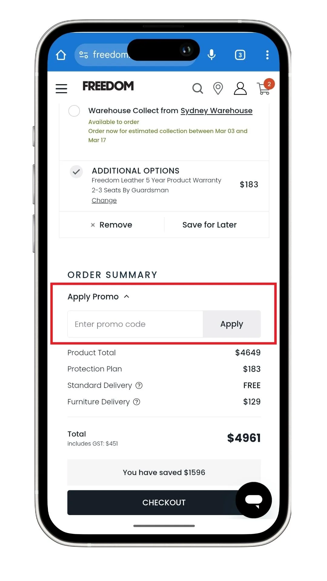 The Freedom promo code field is revealed at the checkout after selecting 'Apply Promo'.