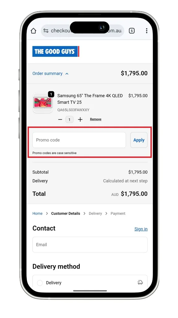 The Good Guys promo code field at checkout