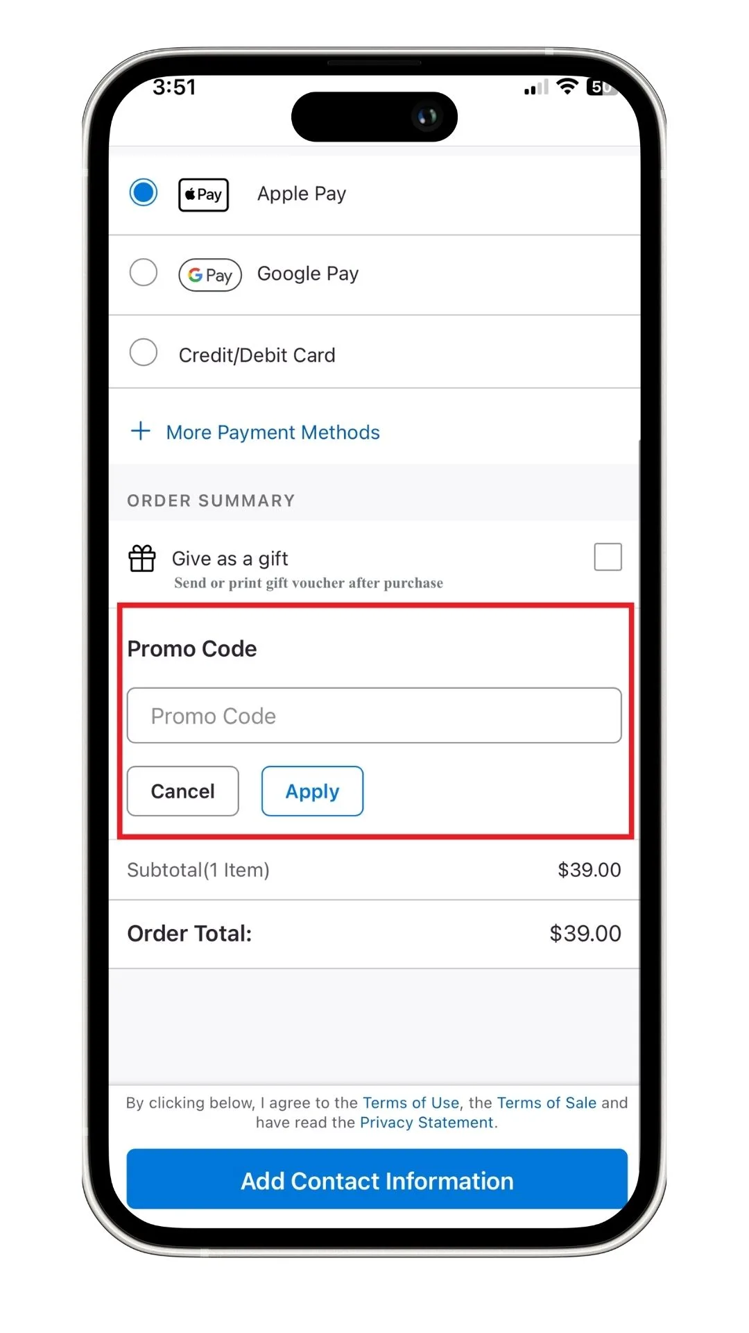 A screenshot of where to add a Groupon promo code at checkout.