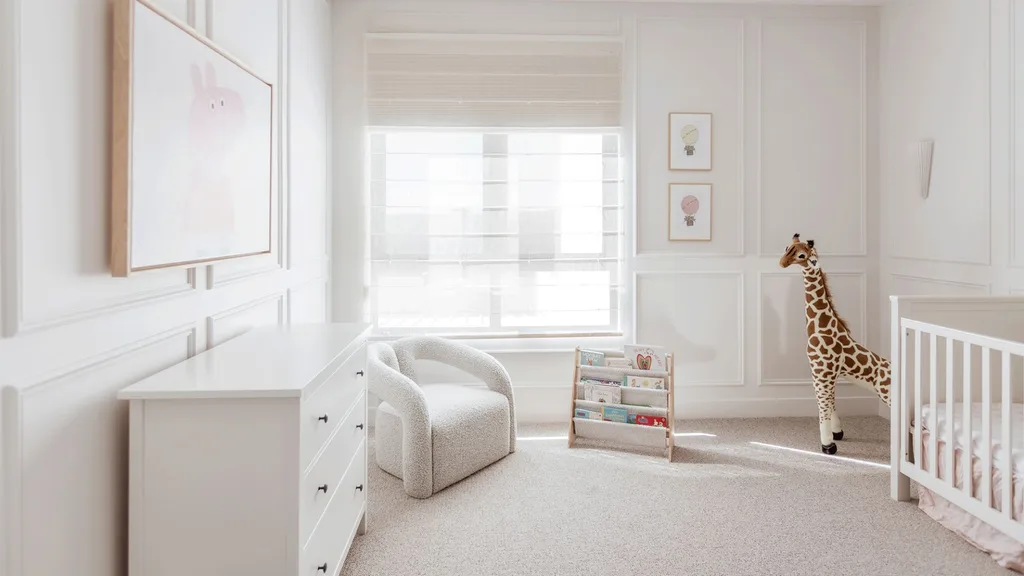 King Home childrens room with Luxaflex blinds in light, white room