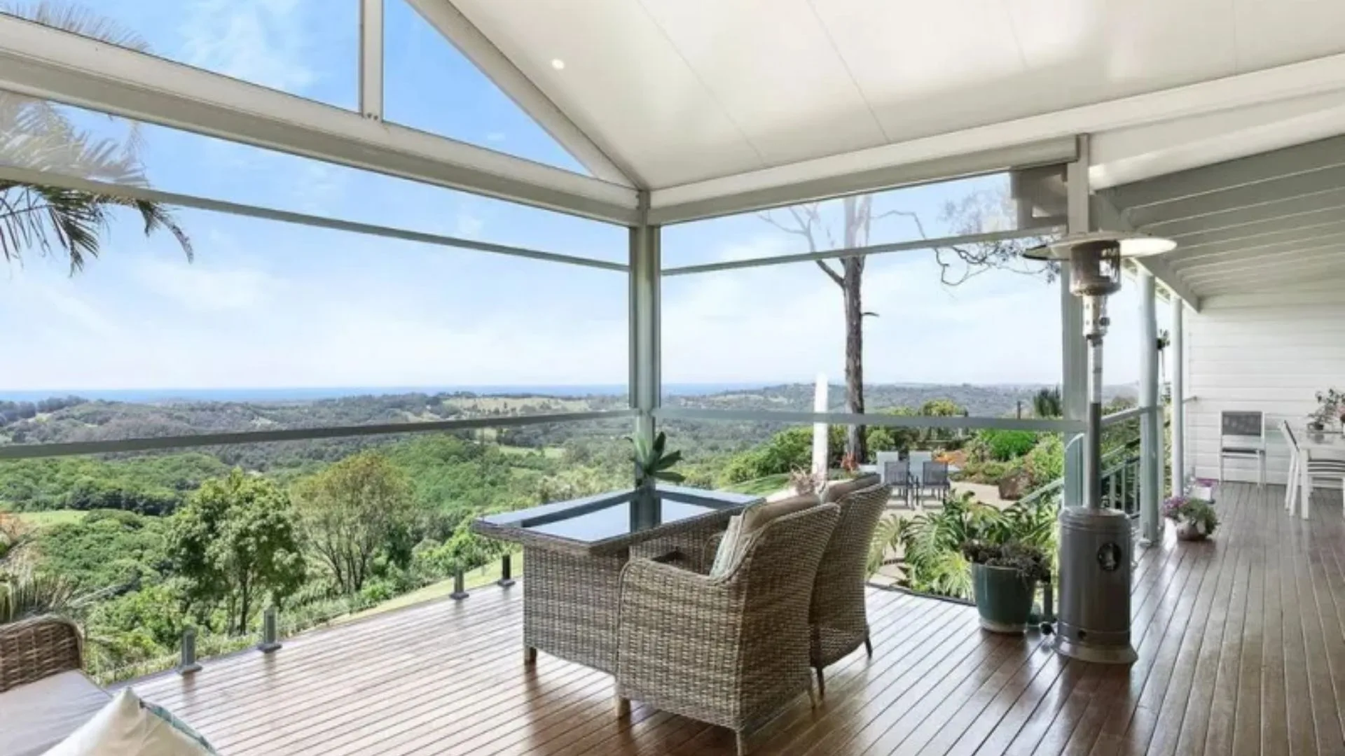 The view from Jacob Elordi's Byron Bay home showing rainforest and ocean in the distance