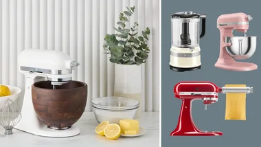 Collage; on the left, a styled image of a white KitchenAid mixer on sale, and on the left, a KitchenAid food processor, pasta maker, and stand mixer on sale against a blue background