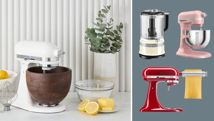 Collage; on the left, a styled image of a white KitchenAid mixer on sale, and on the left, a KitchenAid food processor, pasta maker, and stand mixer on sale against a blue background