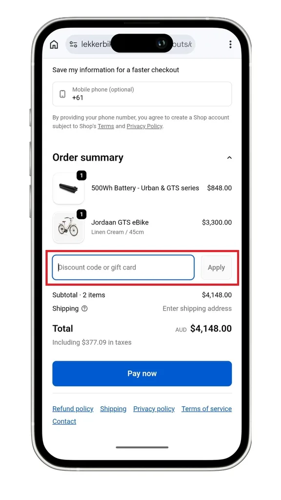 LEKKER Bikes discount code field at checkout
