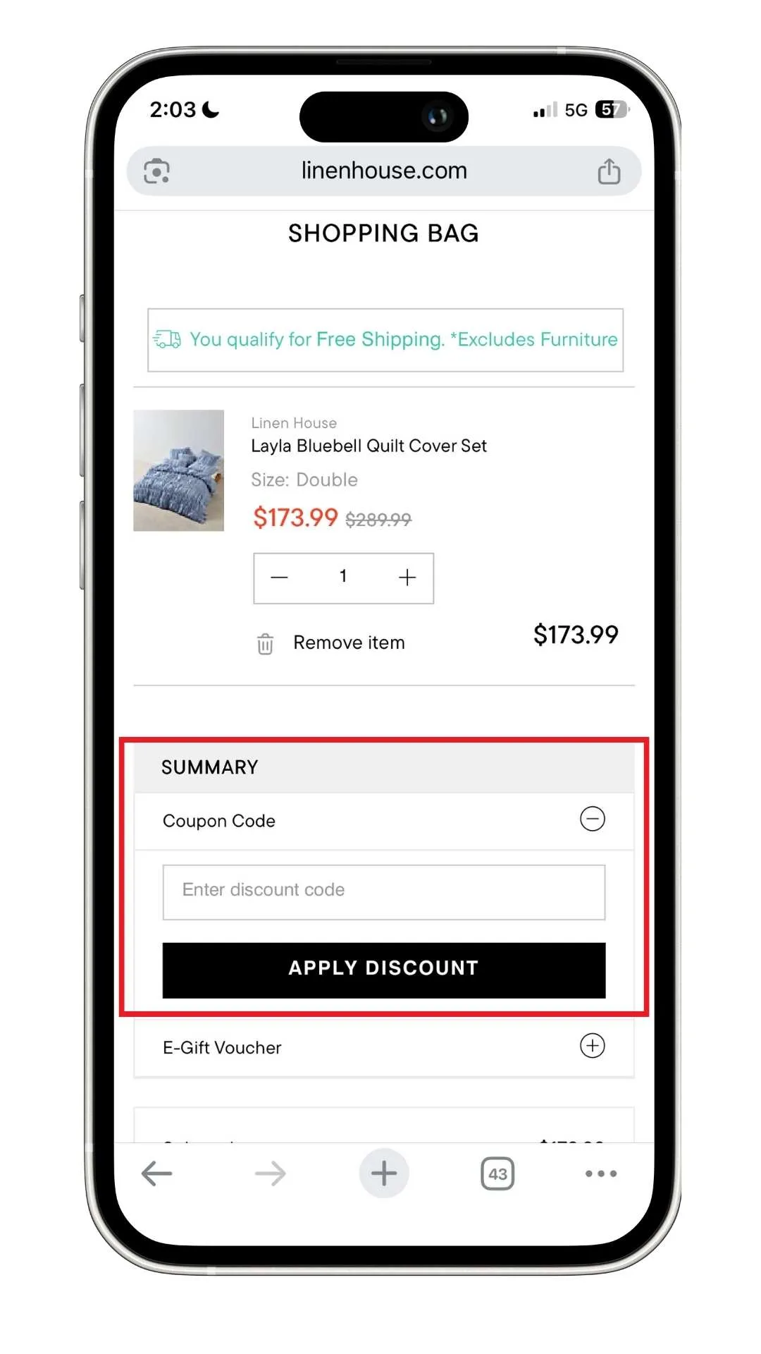 A screenshot of where to add your Linen House discount code.