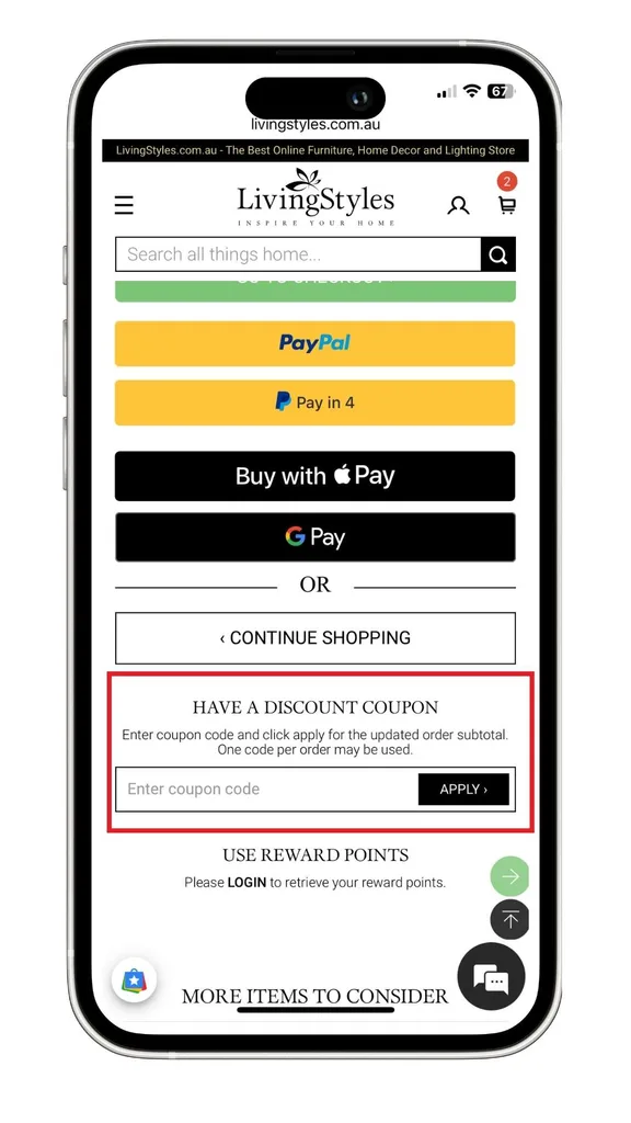 A screenshot of how to add a LivingStyles discount code at checkout.