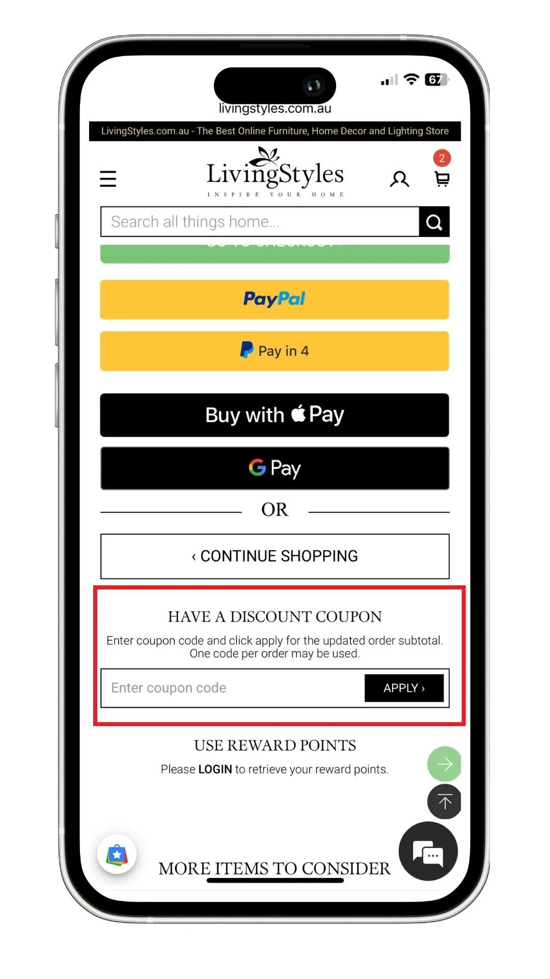 A screenshot of how to add a LivingStyles discount code at checkout.