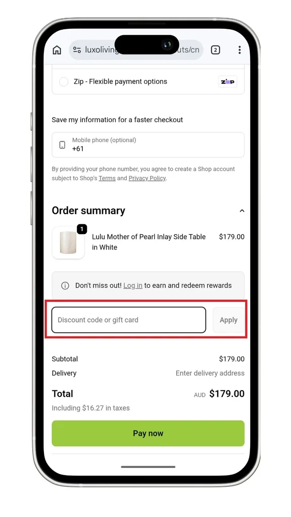 The Luxo Living discount code field at checkout on a mobile device.