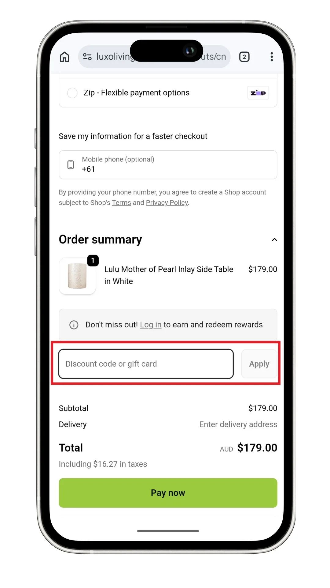 The Luxo Living discount code field at checkout on a mobile device.