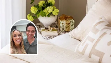 mattress and bed at Rachel and Ryan Carr's Airbnb holiday home with inset photo of Rachel and Ryan