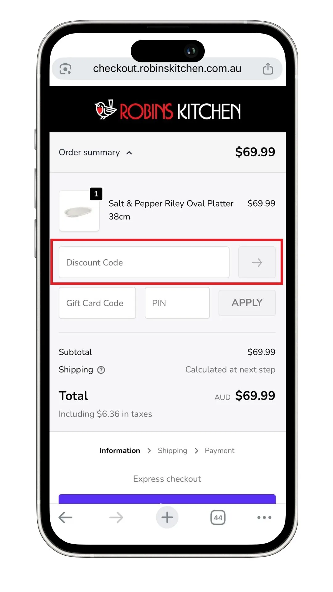 A screenshot of where to add your Robins Kitchen discount code. 
