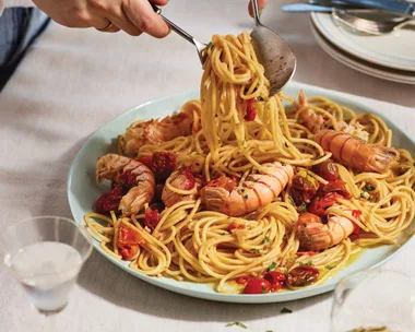 Scampi spaghetti with confit tomato
