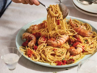 Scampi spaghetti with confit tomato
