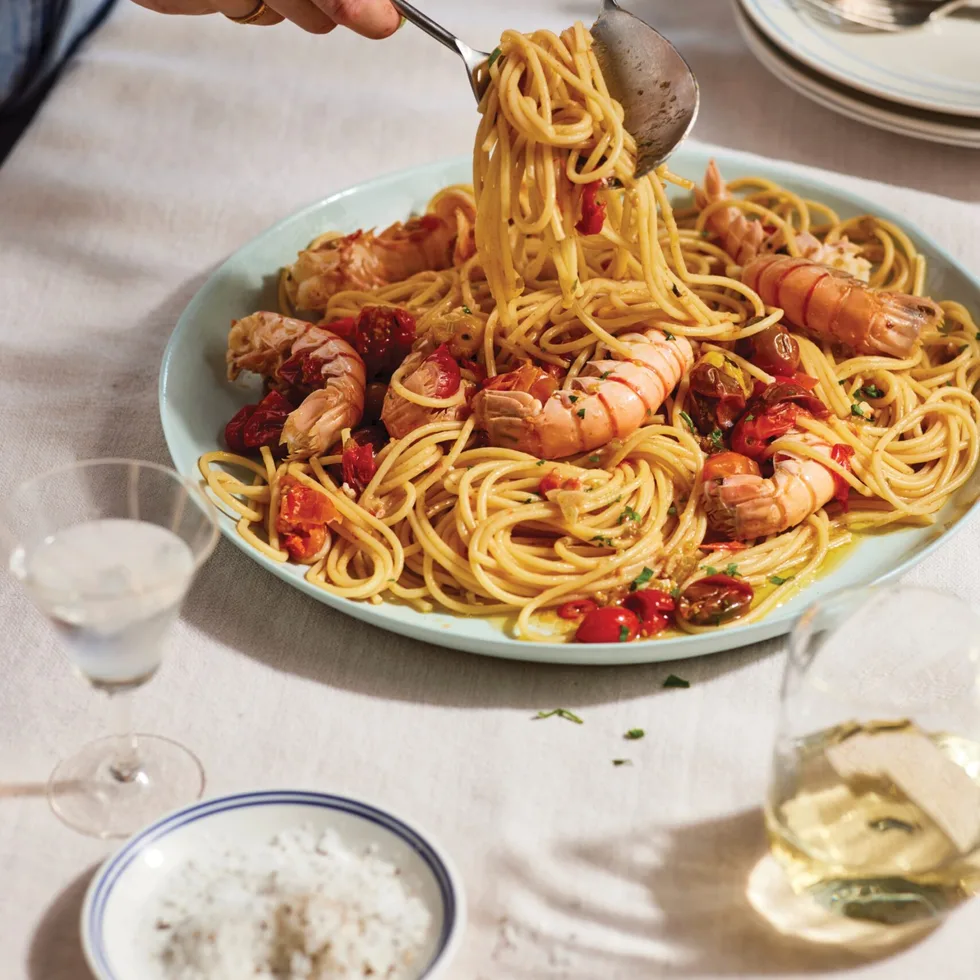 Scampi spaghetti with confit tomato