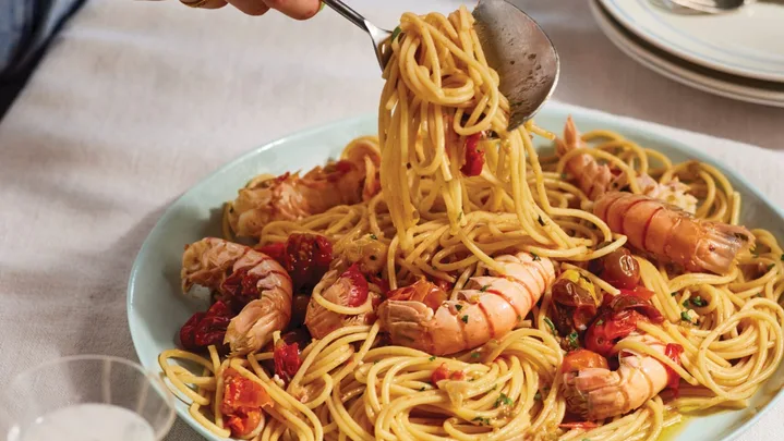 Scampi spaghetti with confit tomato