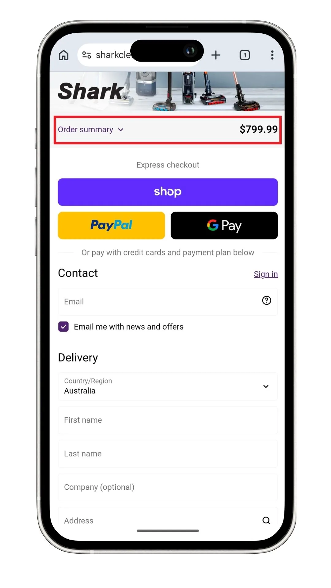 Shark discount code guide: A screenshot of the Shark Clean Australia checkout on mobile highlighting 'Order summary', which you can expand to reveal the discount code field.