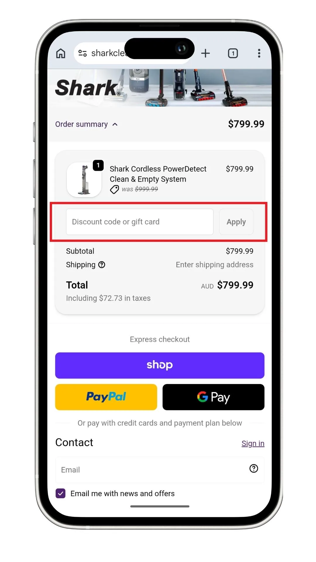 Shark discount code guide: The discount code field at the checkout on mobile.