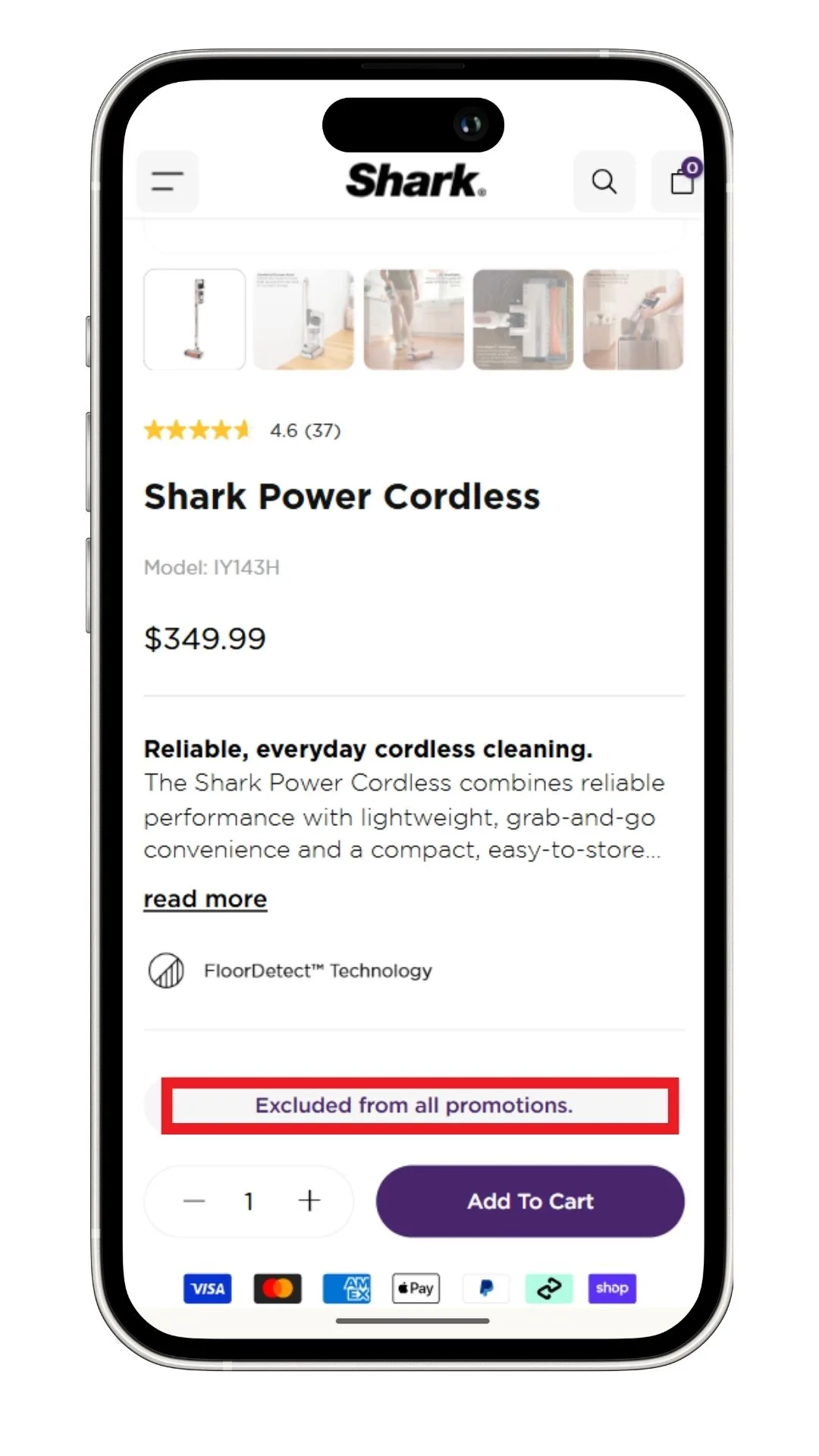 Shark discount code guide: A screenshot of a Shark product not eligible for the newsletter discount code offer, with the text "Excluded from all promotions" highlighted.