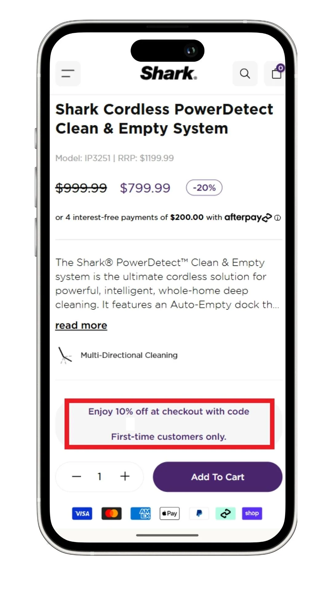 Shark discount code guide: A screenshot of a Shark vacuum cleaner that is eligible for the first order discount, with the text saying customers can get 10% off highlighted.