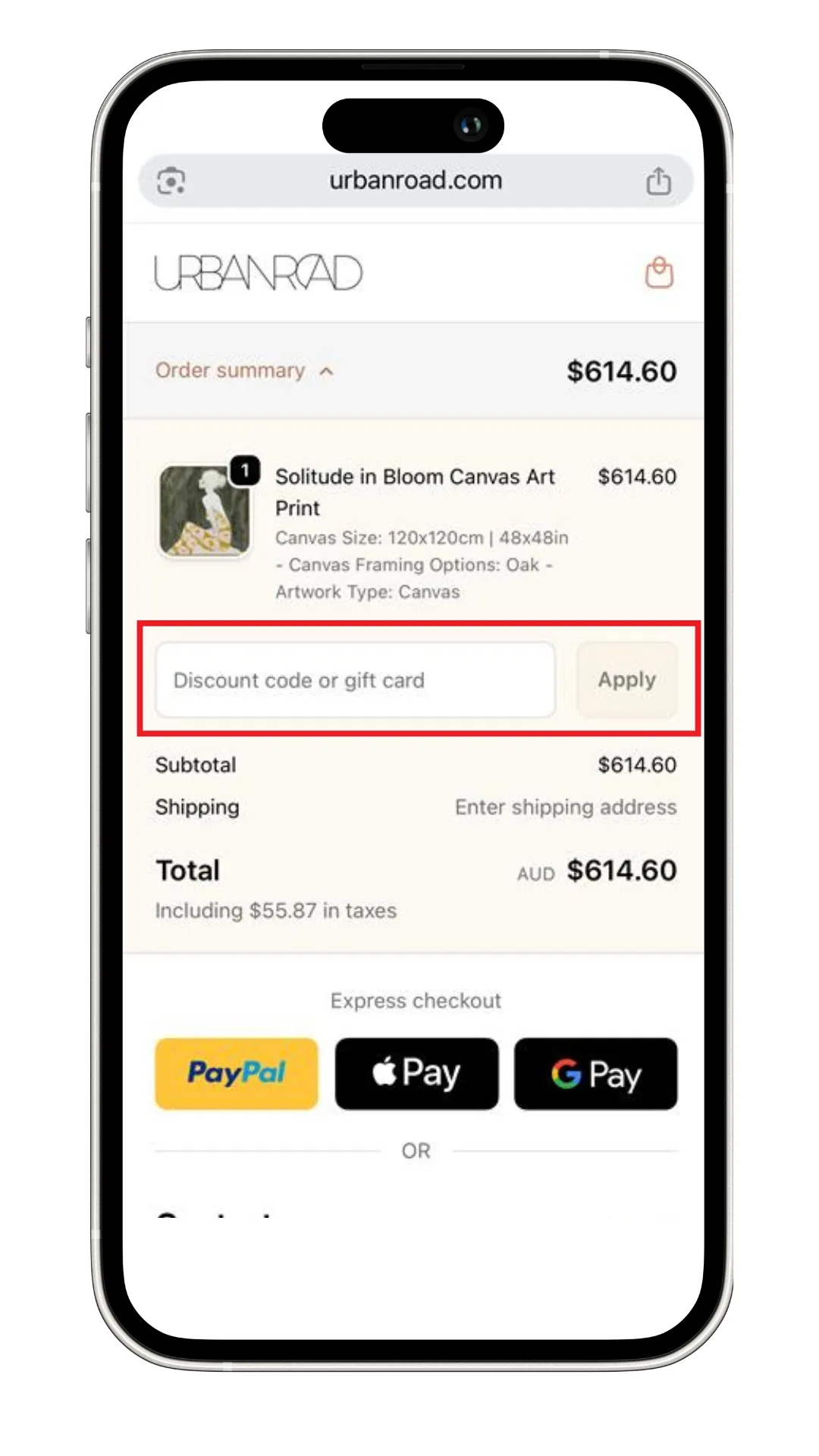 A screenshot of where to add an Urban Road discount code. 