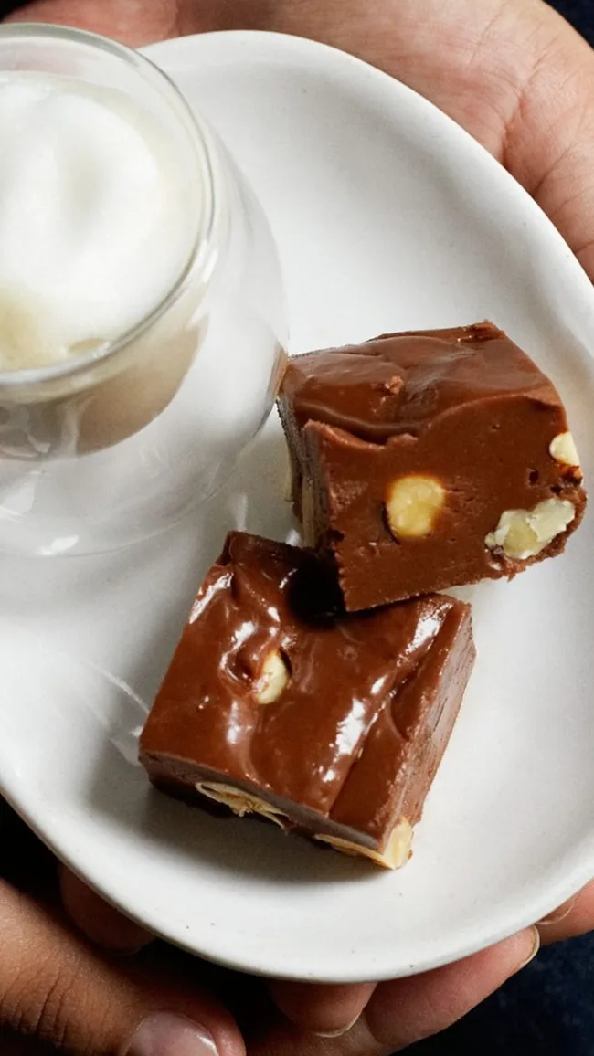 Aerial view of two pieces of Chocolate and hazelnut fudge on a small oval plate beside a small coffee