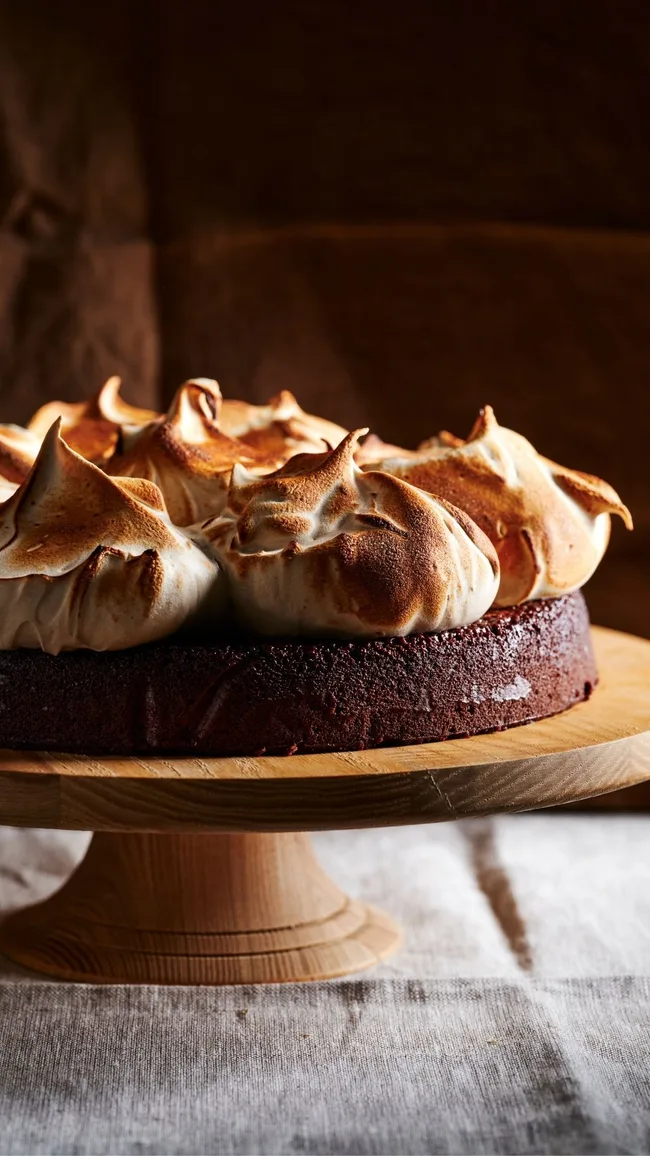 Coffee fudge cake with toasted meringue top on a timber cake stand