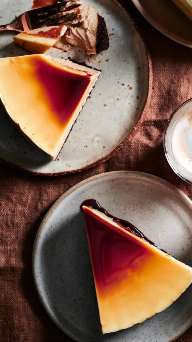 Espresso martini cheesecake recipe to make for Valentine's day pictured on a terracotta table cloth on stoneware plates with a cup of coffee