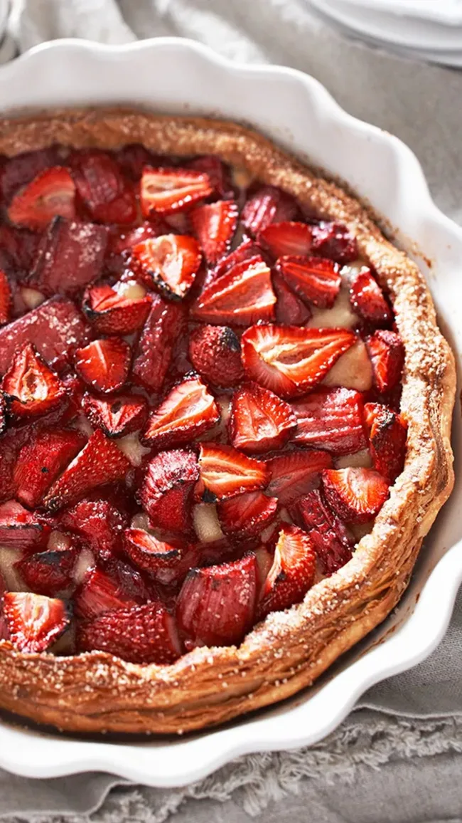 An aerial view of a tarte covered in strawberries with a pastry base in a white dish