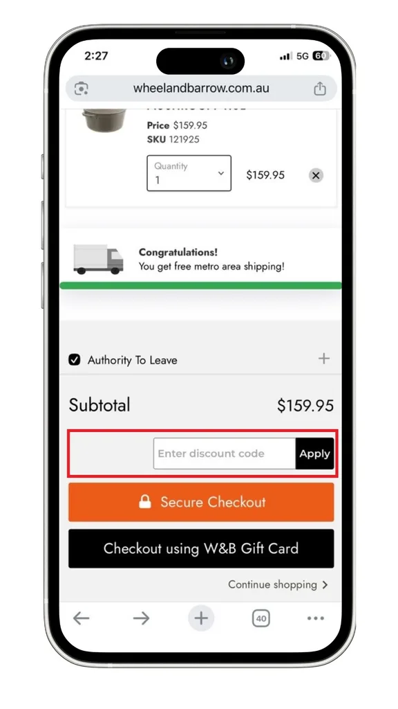 A screenshot of where to apply your Wheel and Barrow discount code in your cart.