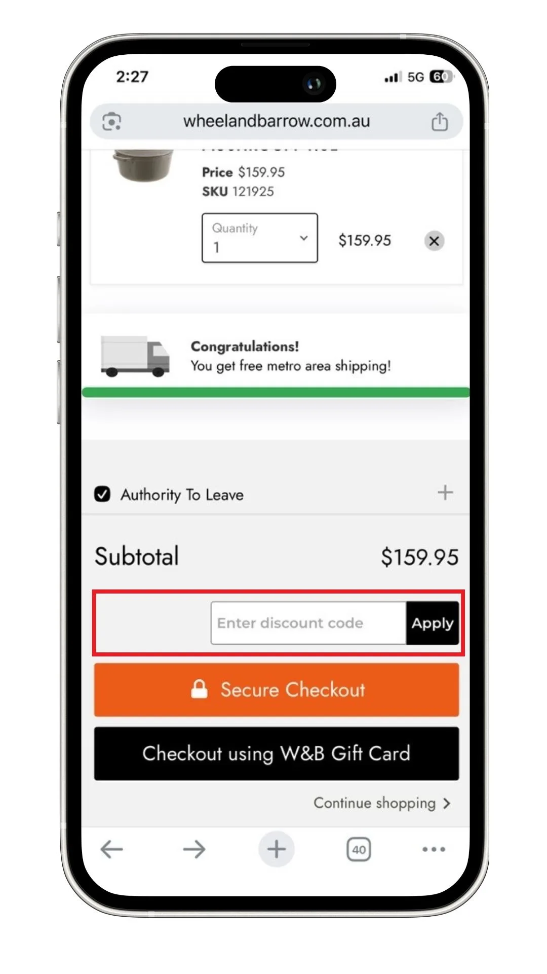 A screenshot of where to apply your Wheel and Barrow discount code in your cart.