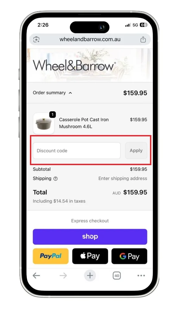 A screenshot of where to apply your Wheel and Barrow discount code at checkout.