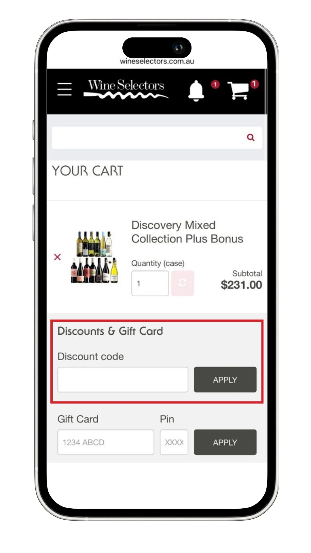 A screenshot of where to add your wine selectors discount code.