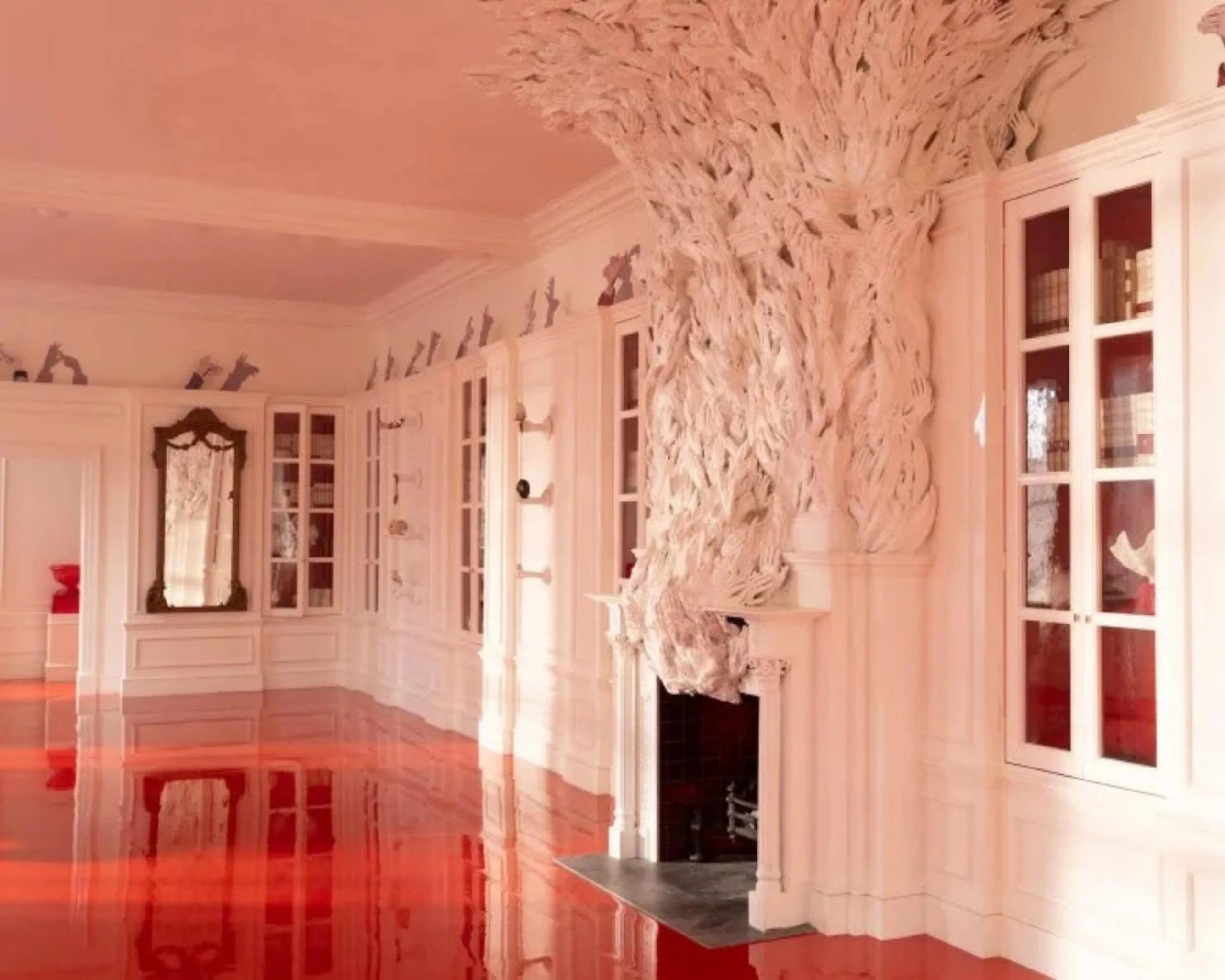 Wuthering Heights set hands coming out of fireplace at Thrushcross Grange red floor