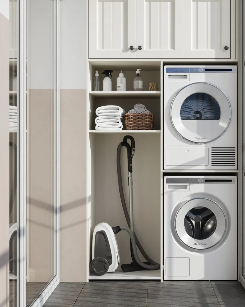 Image of a Laundry storage cupboard with washing machines, a vacuum, and other cleaning appliances + Amazon Prime Day Sale