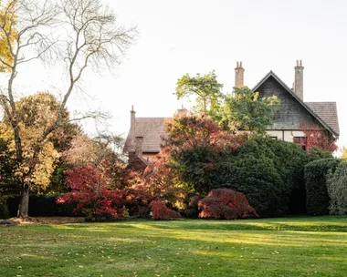 Wombat Park Estate in Daylesford. Arts and Crafts style grand building is just visible over hedges and bushes. From the left side of the photo, the trees and plantings are glorious shades of red, yellow and orange, with evergreen bushes still green on the right hand side.