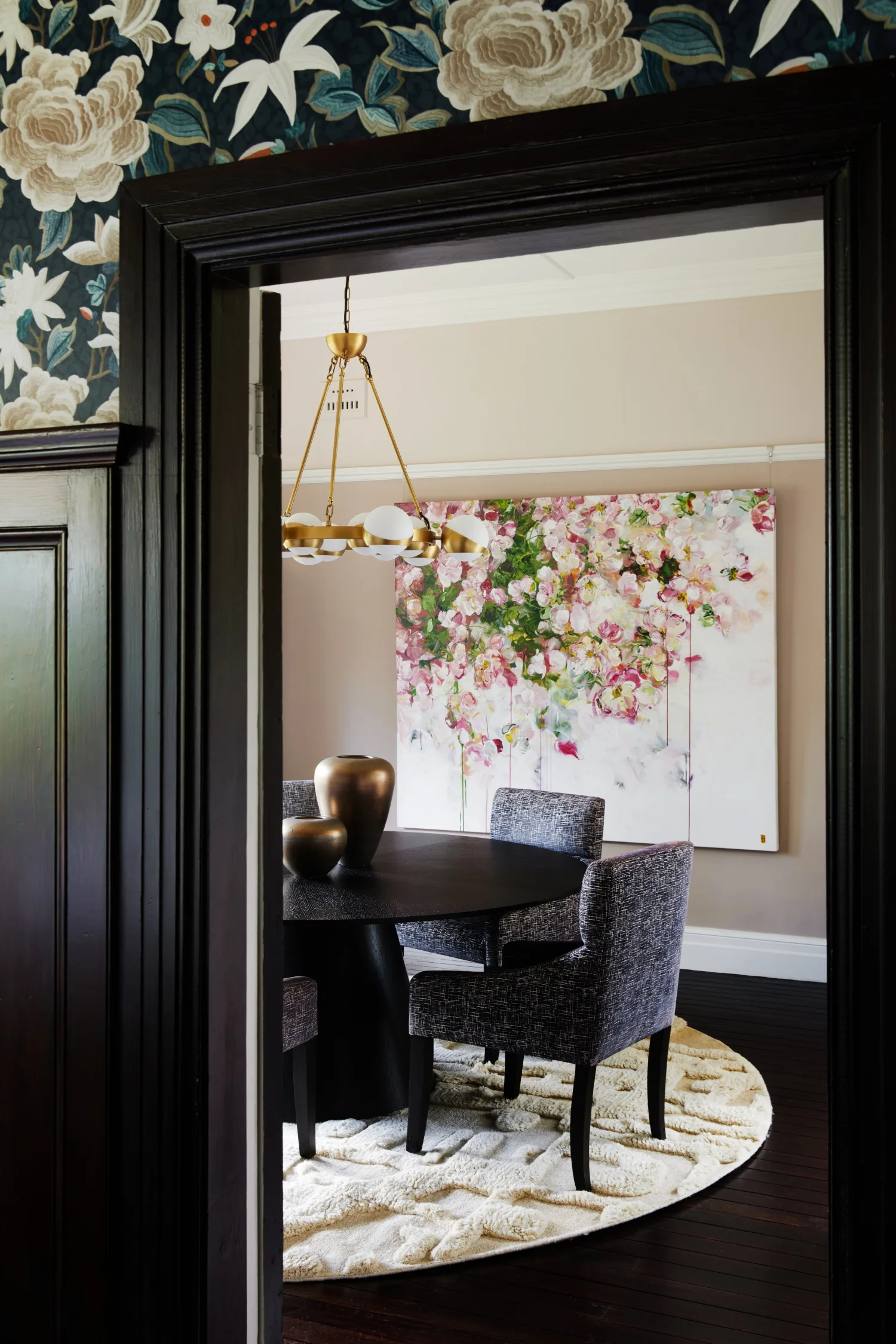 Blue Mountains home dining room floral artwork wallpaper round table rug