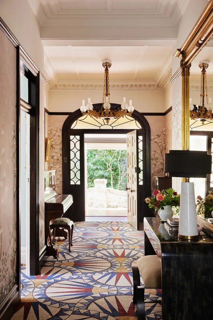 Blue Mountains home entry geometric carpet chandelier