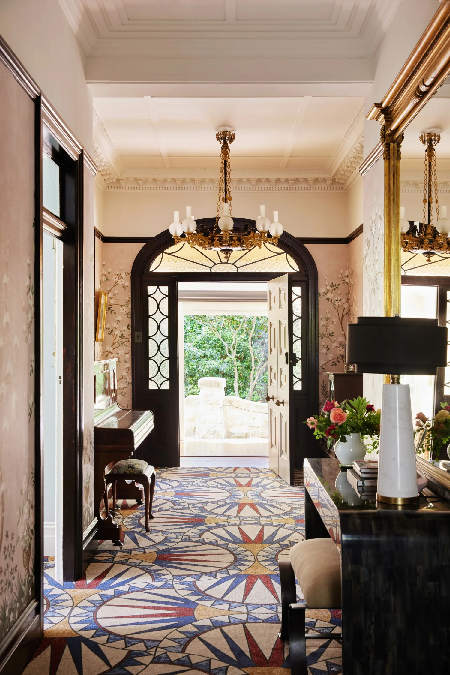 Blue Mountains home entry geometric carpet chandelier