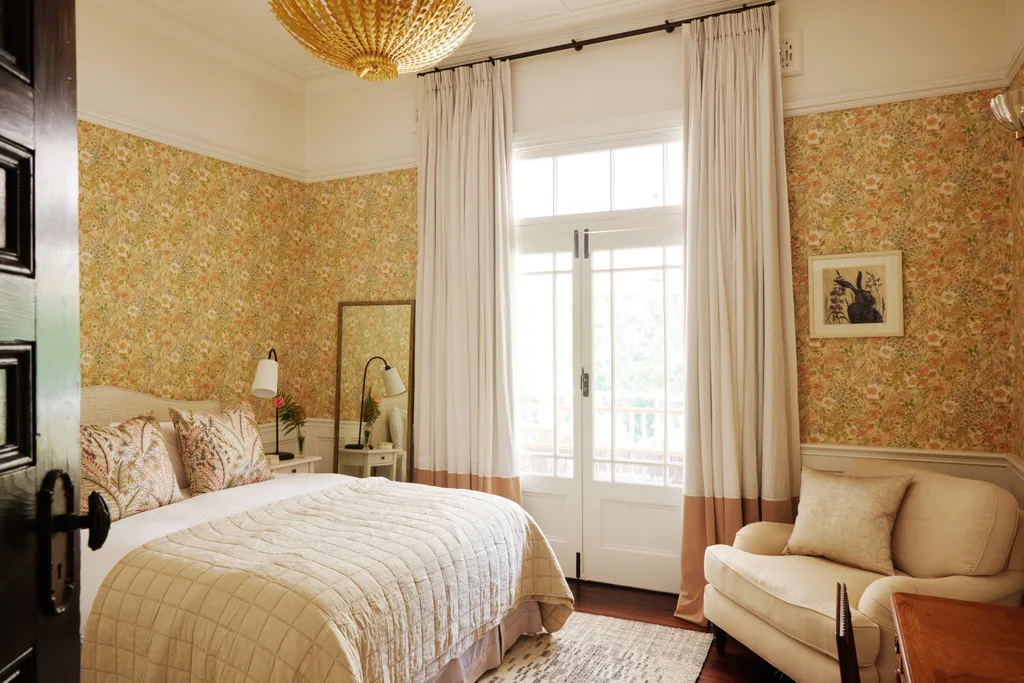 Blue Mountains home guest room french doors floral wallpaper