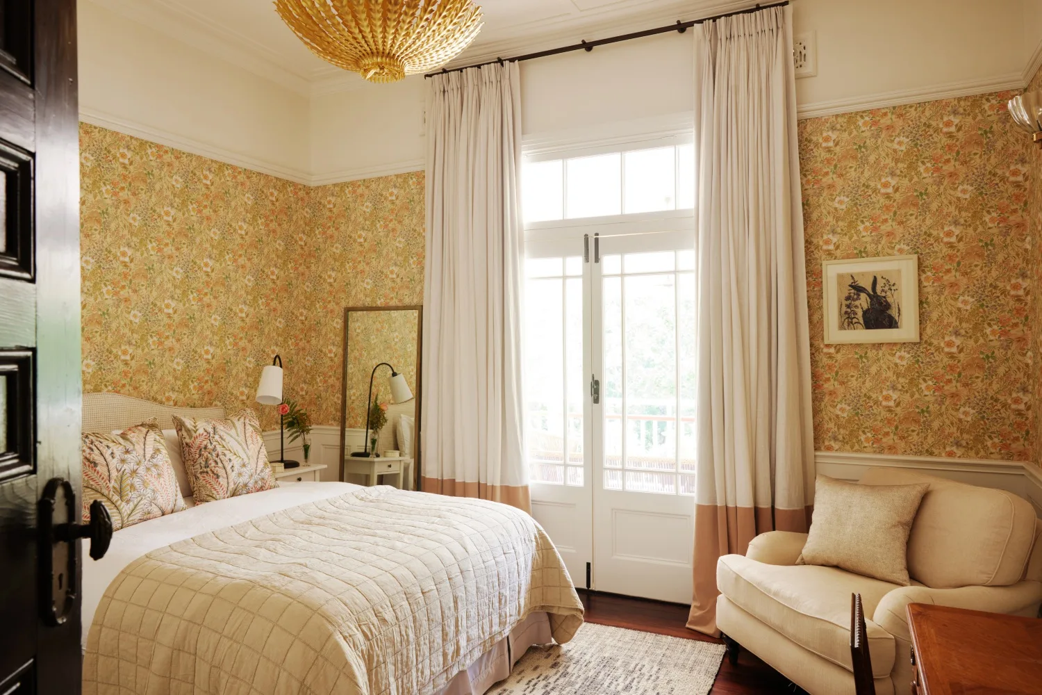 Blue Mountains home guest room french doors floral wallpaper