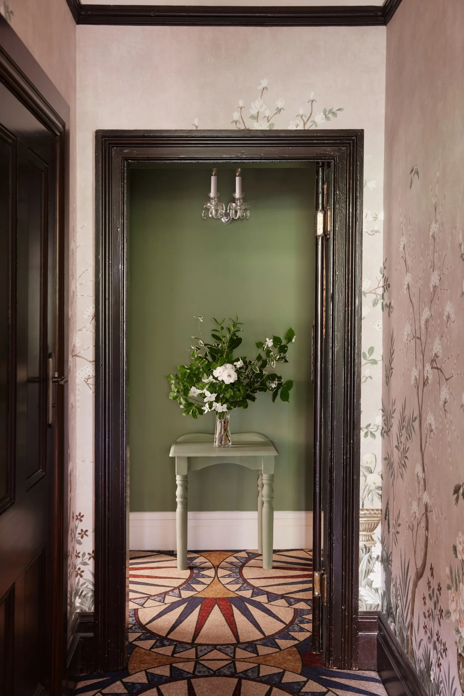 Blue Mountains home hallway green walls vintage side table wall light