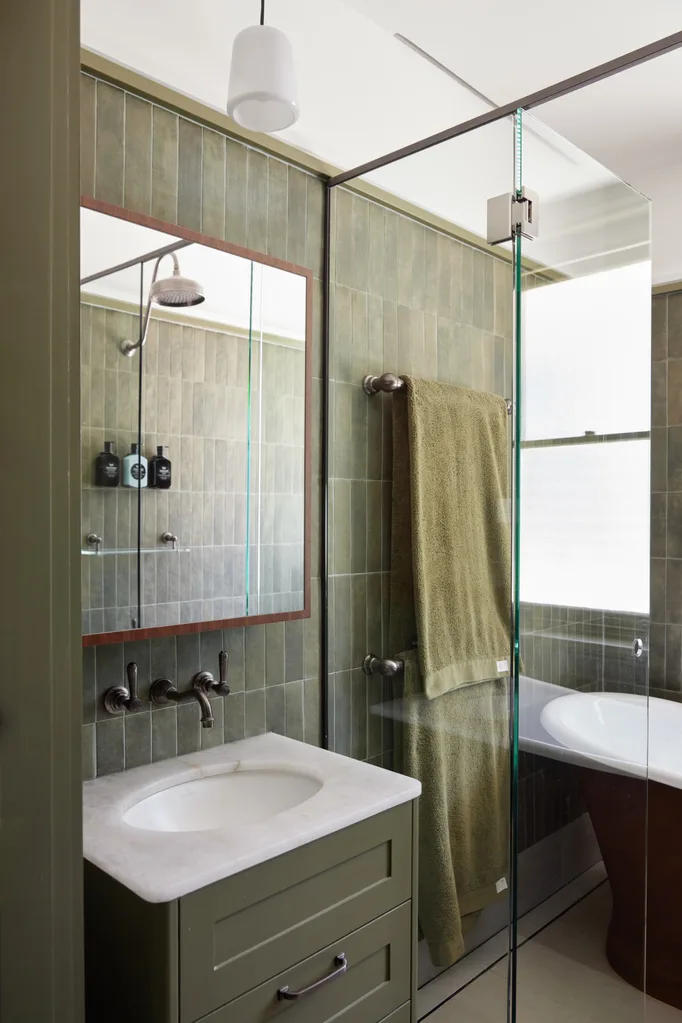 Blue Mountains home main ensuite green vanity tiles shower bath