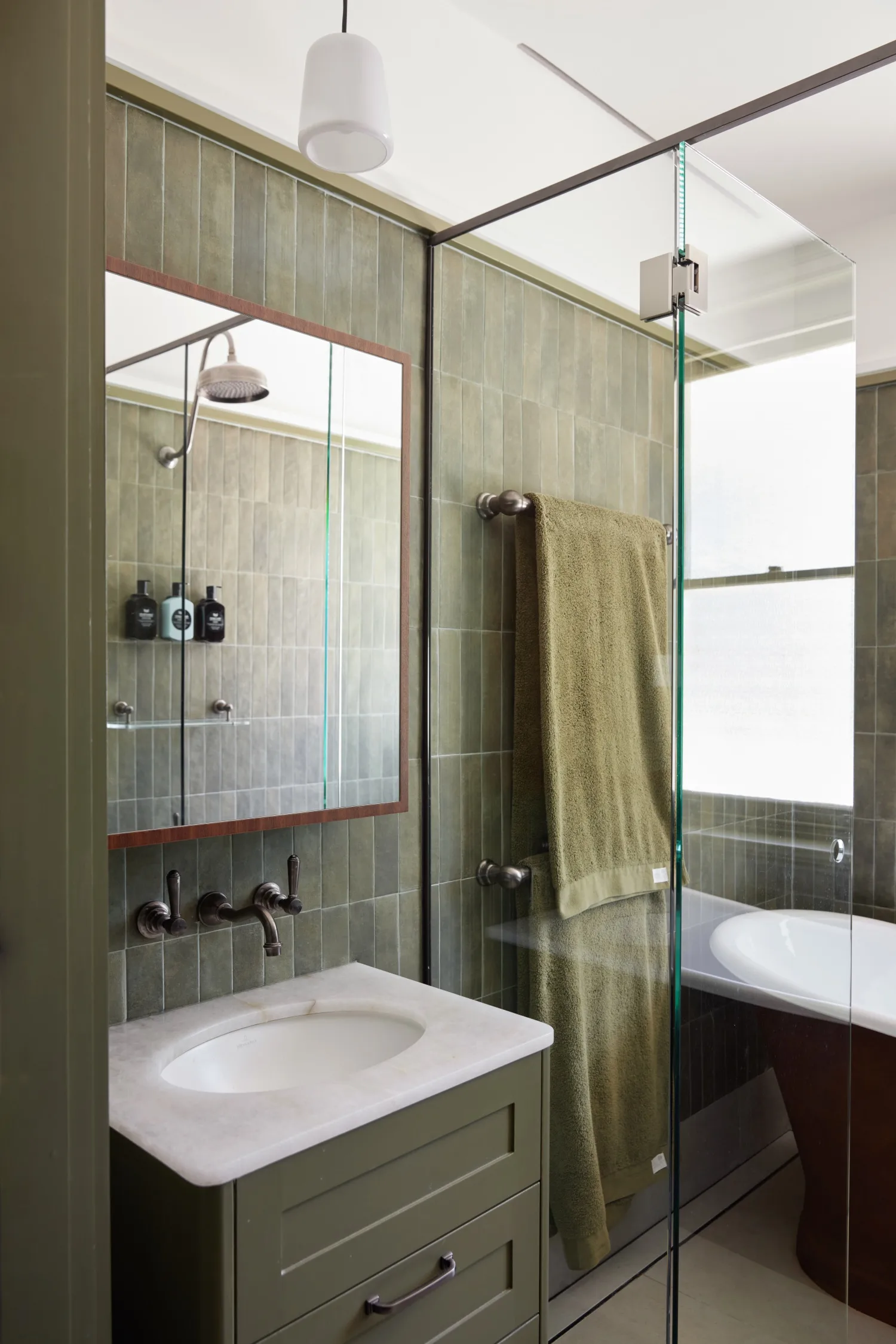 Blue Mountains home main ensuite green vanity tiles shower bath