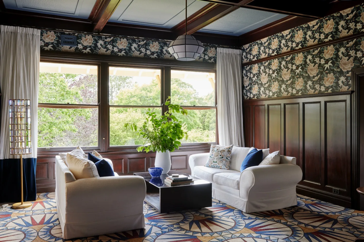 Blue Mountains home sitting room white lounges cofferred ceiling wallpaper carpet