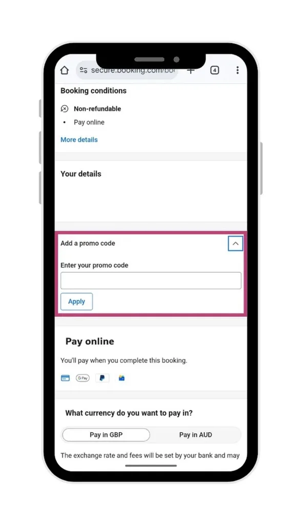 A screenshot of where to add your booking.com promo code at checkout.